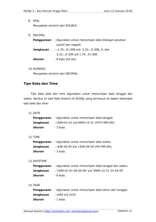MySQL 5 : Dari Pemula Hingga Mahir                          versi 1.0 (Januari 2010)



   8. REAL
       Merupakan sinoni...