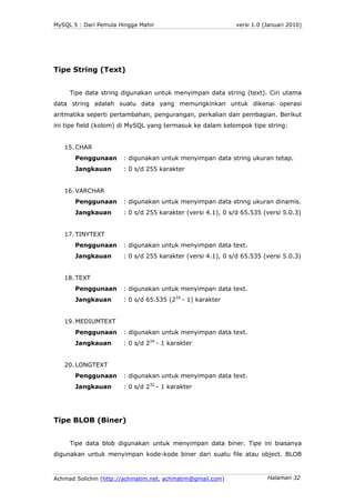 MySQL 5 : Dari Pemula Hingga Mahir                           versi 1.0 (Januari 2010)




Tipe String (Text)


     Tipe d...