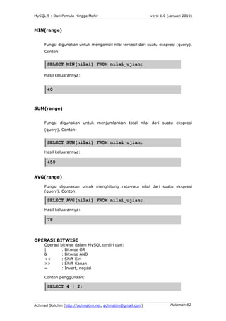 MySQL 5 : Dari Pemula Hingga Mahir                          versi 1.0 (Januari 2010)



MIN(range)


     Fungsi digunakan...