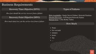 Recovery Time Objective (RTO)
How fast should the service recover from a failure
Recovery Point Objective (RPO)
How much data loss can the service lose from a failure
Types of Failures
High Availability: Single Server Failure, Network Partition
Disaster Recovery: Full Region/Network Failure
Human Error: Little Bobby Tables
How Much
None
few seconds
minutes
hours
day
...
Business Requirements
9 / 28
 