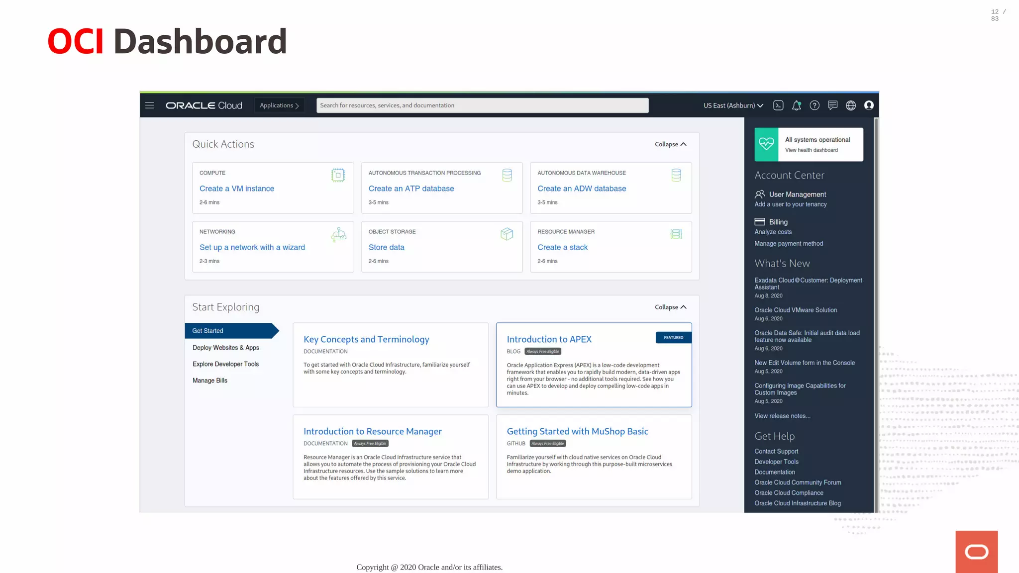 OCI Dashboard Copyright @ 2020 Oracle and/or its affiliates. 12 / 83 