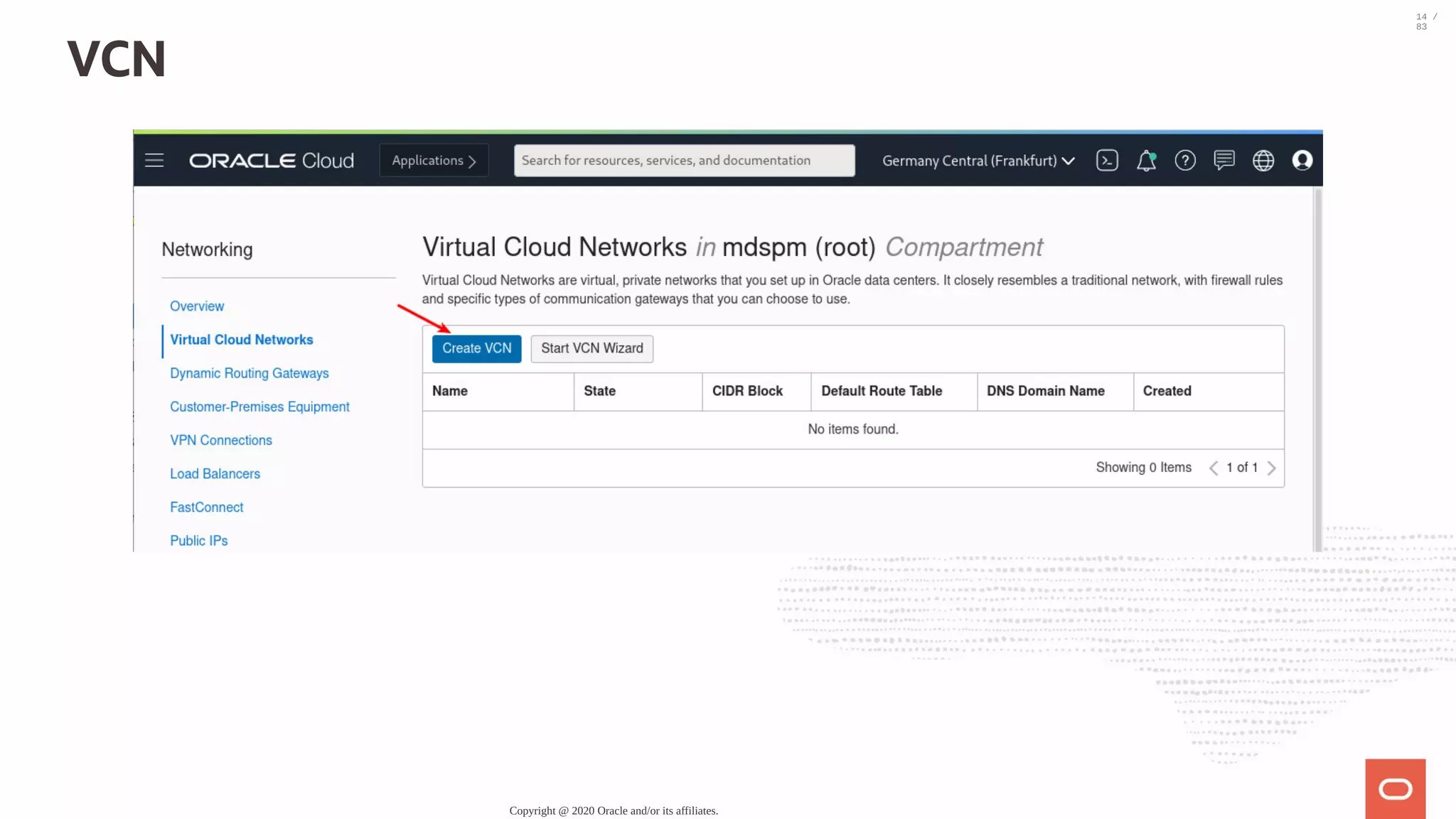 VCN Copyright @ 2020 Oracle and/or its affiliates. 14 / 83 