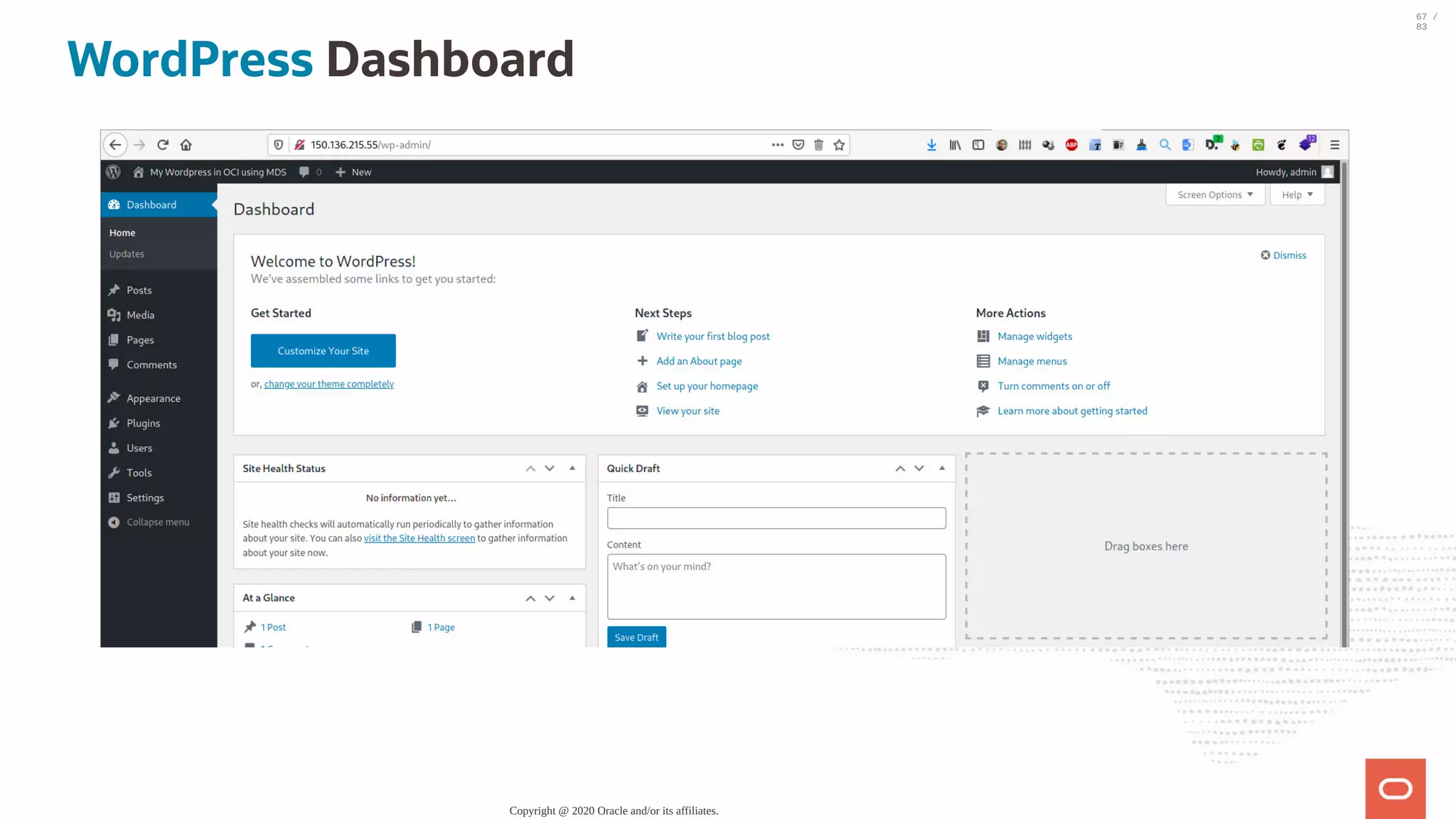 WordPress Dashboard Copyright @ 2020 Oracle and/or its affiliates. 67 / 83 