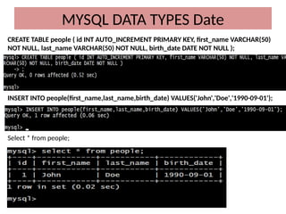 CREATE TABLE people ( id INT AUTO_INCREMENT PRIMARY KEY, first_name VARCHAR(50)
NOT NULL, last_name VARCHAR(50) NOT NULL, birth_date DATE NOT NULL );
INSERT INTO people(first_name,last_name,birth_date) VALUES('John','Doe','1990-09-01');
Select * from people;
MYSQL DATA TYPES Date
 