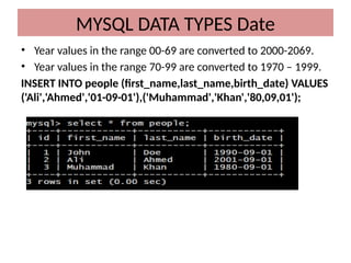 • Year values in the range 00-69 are converted to 2000-2069.
• Year values in the range 70-99 are converted to 1970 – 1999.
INSERT INTO people (first_name,last_name,birth_date) VALUES
('Ali','Ahmed','01-09-01'),('Muhammad','Khan','80,09,01');
MYSQL DATA TYPES Date
 