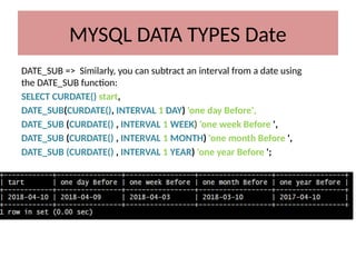 DATE_SUB => Similarly, you can subtract an interval from a date using
the DATE_SUB function:
SELECT CURDATE() start,
DATE_SUB(CURDATE(), INTERVAL 1 DAY) 'one day Before',
DATE_SUB (CURDATE() , INTERVAL 1 WEEK) 'one week Before ',
DATE_SUB (CURDATE() , INTERVAL 1 MONTH) 'one month Before ',
DATE_SUB (CURDATE() , INTERVAL 1 YEAR) 'one year Before ';
MYSQL DATA TYPES Date
 