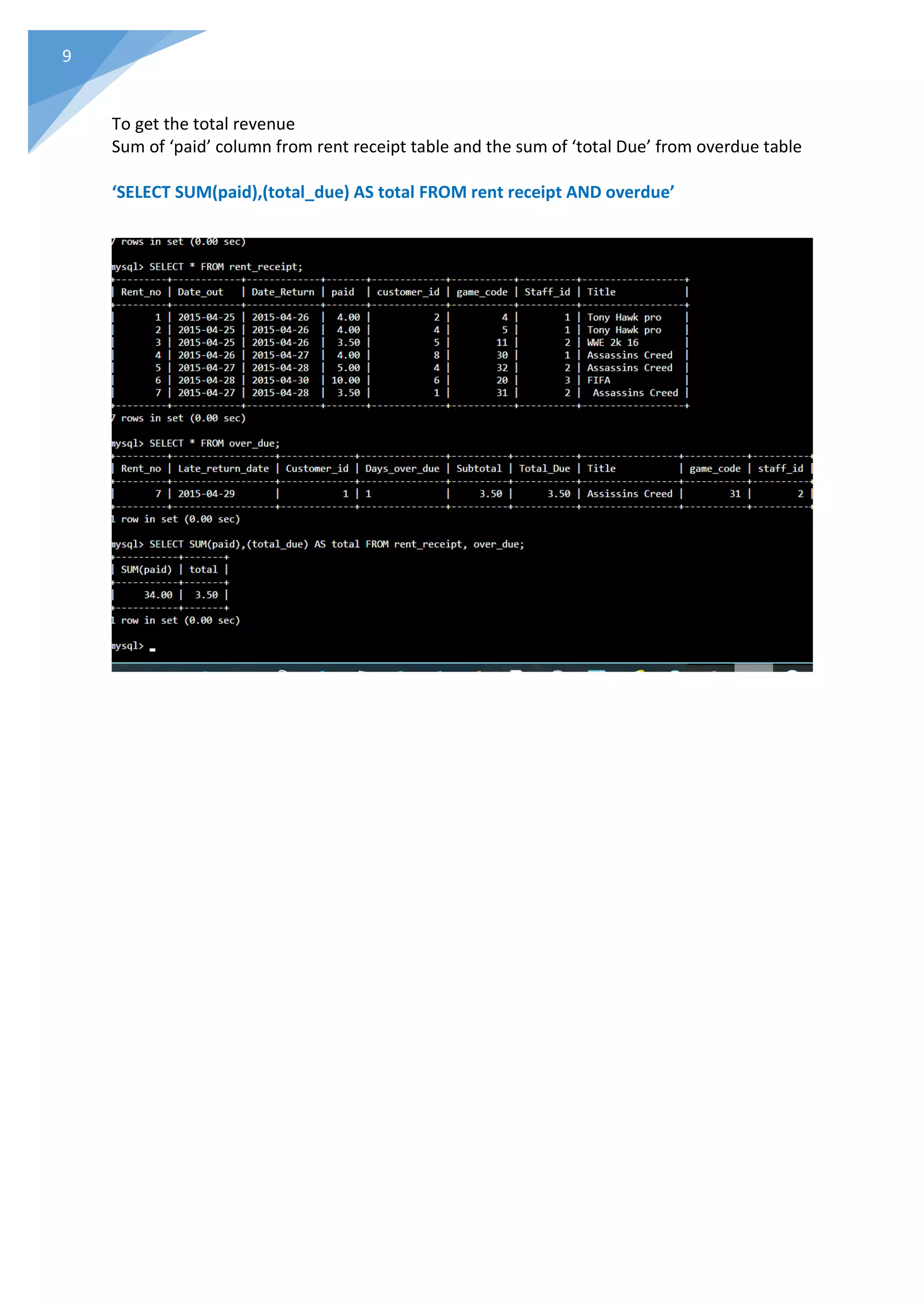 9
To get the total revenue
Sum of ‘paid’ column from rent receipt table and the sum of ‘total Due’ from overdue table
‘SELECT SUM(paid),(total_due) AS total FROM rent receipt AND overdue’
 