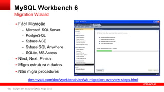 Copyright © 2014, Oracle and/or its affiliates. All rights reserved.122
MySQL Workbench 6
 Fácil Migração
– Microsoft SQL Server
– PostgreSQL
– Sybase ASE
– Sybase SQL Anywhere
– SQLite, MS Access
 Next, Next, Finish
 Migra estrutura e dados
 Não migra procedures
Migration Wizard
dev.mysql.com/doc/workbench/en/wb-migration-overview-steps.html
 