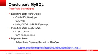 Copyright © 2014, Oracle and/or its affiliates. All rights reserved.124
Oracle para MySQL
 Exporting Data from Oracle
– Oracle SQL Developer
– SQL*Plus
– Using PL/SQL: UTL FILE package
 Importing Data into MySQL
– LOAD ... INFILE
– CSV storage engine
 Migration Tools
– Golden Gate, Pentaho, Convert-in, SQLWays
Possíveis estratégias
support.oracle.com/epmos/faces/DocumentDisplay?id=1477151.1
 