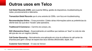 Copyright © 2014, Oracle and/or its affiliates. All rights reserved.24
Call Detail Records (CDR) para suportar Billing, gestão de dispositivos, troubleshooting de
redes, provisionamento e telemetria.
Transaction Detail Records que é uma variante do CDRs com foco em troubleshooting.
Recomendações Online – Cross-promotion. Coleta várias informações sobre as preferências do
cliente toda vez que ele é “tocado” pela operadora.
Traditional E-Commerce – Carrinho de compra, etc.
D2C (Demand-to-Close) – Essencialmente um workflow que rastreia um “lead” no ciclo de vida
até que ele vire um negócio (cliente).
Call Center Queueing – Normalmente uma aplicação em cima do software do call center da
empresa para gerir o tempo de espera dos seus clientes (McDonalds, Apple, etc)
Customer Care Intranet - O caso da Verizon
Outros usos em Telco
 