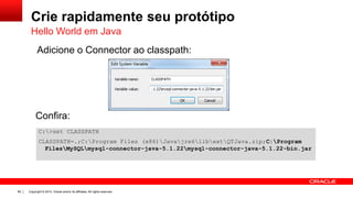 Copyright © 2014, Oracle and/or its affiliates. All rights reserved.80
Crie rapidamente seu protótipo
Hello World em Java
C:>set CLASSPATH
CLASSPATH=.;C:Program Files (x86)Javajre6libextQTJava.zip;C:Program
FilesMySQLmysql-connector-java-5.1.22mysql-connector-java-5.1.22-bin.jar
Confira:
Adicione o Connector ao classpath:
 
