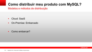Copyright © 2014, Oracle and/or its affiliates. All rights reserved.98
Como distribuir meu produto com MySQL?
 Cloud: SaaS
 On-Premise: Embarcado
 Como embarcar?
Modelos e métodos de distribuição
 