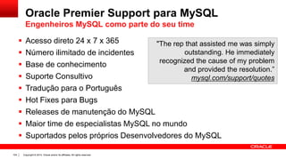 Copyright © 2014, Oracle and/or its affiliates. All rights reserved.104
 Acesso direto 24 x 7 x 365
 Número ilimitado de incidentes
 Base de conhecimento
 Suporte Consultivo
 Tradução para o Português
 Hot Fixes para Bugs
 Releases de manutenção do MySQL
 Maior time de especialistas MySQL no mundo
 Suportados pelos próprios Desenvolvedores do MySQL
"The rep that assisted me was simply
outstanding. He immediately
recognized the cause of my problem
and provided the resolution.”
mysql.com/support/quotes
Oracle Premier Support para MySQL
Engenheiros MySQL como parte do seu time
 