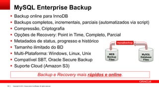 Copyright © 2014, Oracle and/or its affiliates. All rights reserved.105
MySQL Enterprise Backup
 Backup online para InnoDB
 Backups completos, incrementais, parciais (automatizados via script)
 Compressão, Criptografia
 Opções de Recovery: Point in Time, Completo, Parcial
 Metadados de status, progresso e histórico
 Tamanho ilimitado do BD
 Multi-Plataforma: Windows, Linux, Unix
 Compatível SBT, Oracle Secure Backup
 Suporte Cloud (Amazon S3)
MEB
Backup
Files
MySQL
Database
Files
mysqlbackup
Backup e Recovery mais rápidos e online.
 