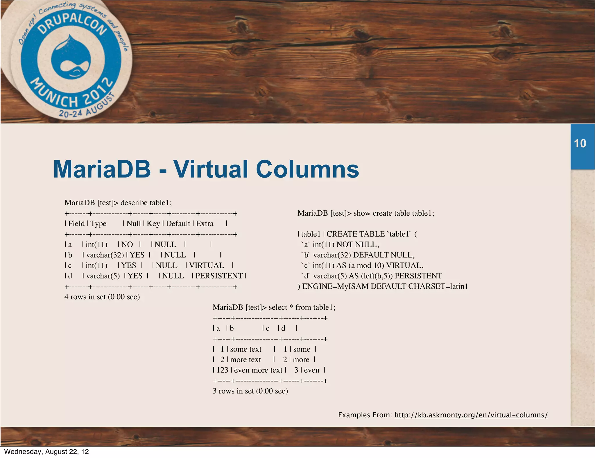 MariaDB - Virtual Columns 10 MariaDB [test]> describe table1; +-------+-------------+------+-----+---------+------------+ | Field | Type | Null | Key | Default | Extra | +-------+-------------+------+-----+---------+------------+ | a | int(11) | NO | | NULL | | | b | varchar(32) | YES | | NULL | | | c | int(11) | YES | | NULL | VIRTUAL | | d | varchar(5) | YES | | NULL | PERSISTENT | +-------+-------------+------+-----+---------+------------+ 4 rows in set (0.00 sec) MariaDB [test]> show create table table1; | table1 | CREATE TABLE `table1` ( `a` int(11) NOT NULL, `b` varchar(32) DEFAULT NULL, `c` int(11) AS (a mod 10) VIRTUAL, `d` varchar(5) AS (left(b,5)) PERSISTENT ) ENGINE=MyISAM DEFAULT CHARSET=latin1 MariaDB [test]> select * from table1; +-----+----------------+------+-------+ | a | b | c | d | +-----+----------------+------+-------+ | 1 | some text | 1 | some | | 2 | more text | 2 | more | | 123 | even more text | 3 | even | +-----+----------------+------+-------+ 3 rows in set (0.00 sec) Examples From: http://kb.askmonty.org/en/virtual-columns/ Wednesday, August 22, 12 