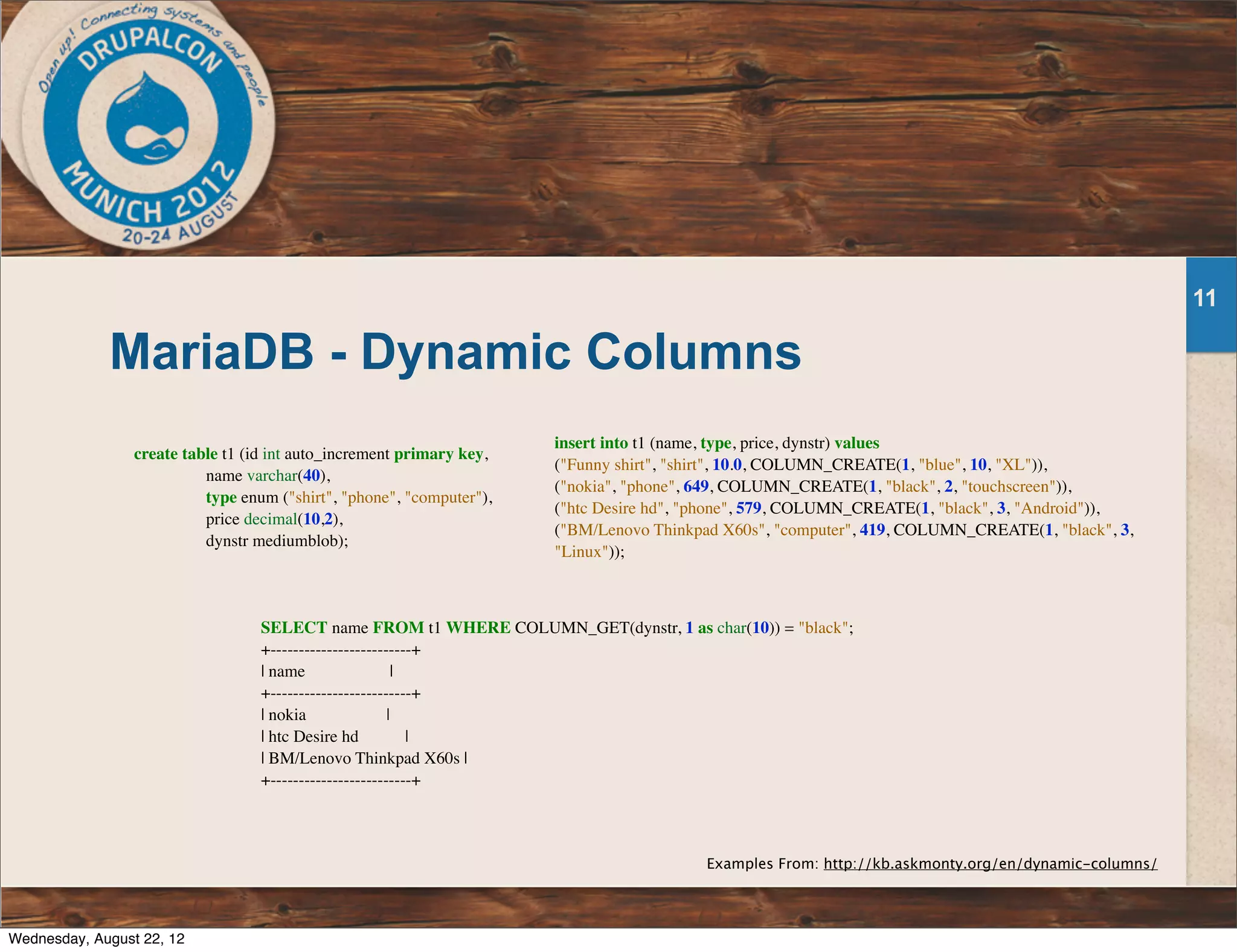 MariaDB - Dynamic Columns 11 create table t1 (id int auto_increment primary key, name varchar(40), type enum ("shirt", "phone", "computer"), price decimal(10,2), dynstr mediumblob); insert into t1 (name, type, price, dynstr) values ("Funny shirt", "shirt", 10.0, COLUMN_CREATE(1, "blue", 10, "XL")), ("nokia", "phone", 649, COLUMN_CREATE(1, "black", 2, "touchscreen")), ("htc Desire hd", "phone", 579, COLUMN_CREATE(1, "black", 3, "Android")), ("BM/Lenovo Thinkpad X60s", "computer", 419, COLUMN_CREATE(1, "black", 3, "Linux")); SELECT name FROM t1 WHERE COLUMN_GET(dynstr, 1 as char(10)) = "black"; +-------------------------+ | name | +-------------------------+ | nokia | | htc Desire hd | | BM/Lenovo Thinkpad X60s | +-------------------------+ Examples From: http://kb.askmonty.org/en/dynamic-columns/ Wednesday, August 22, 12 