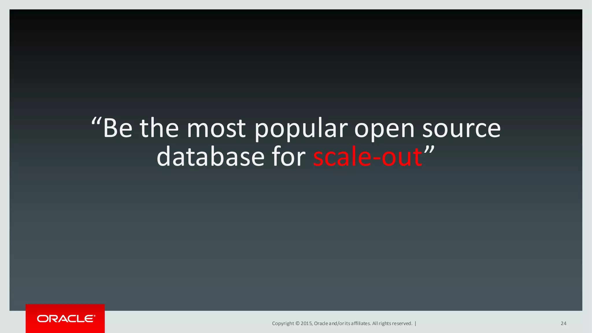Copyright © 2015, Oracleand/orits affiliates. Allrights reserved. |
“Be the most popular open source
database for scale-out”
24
 