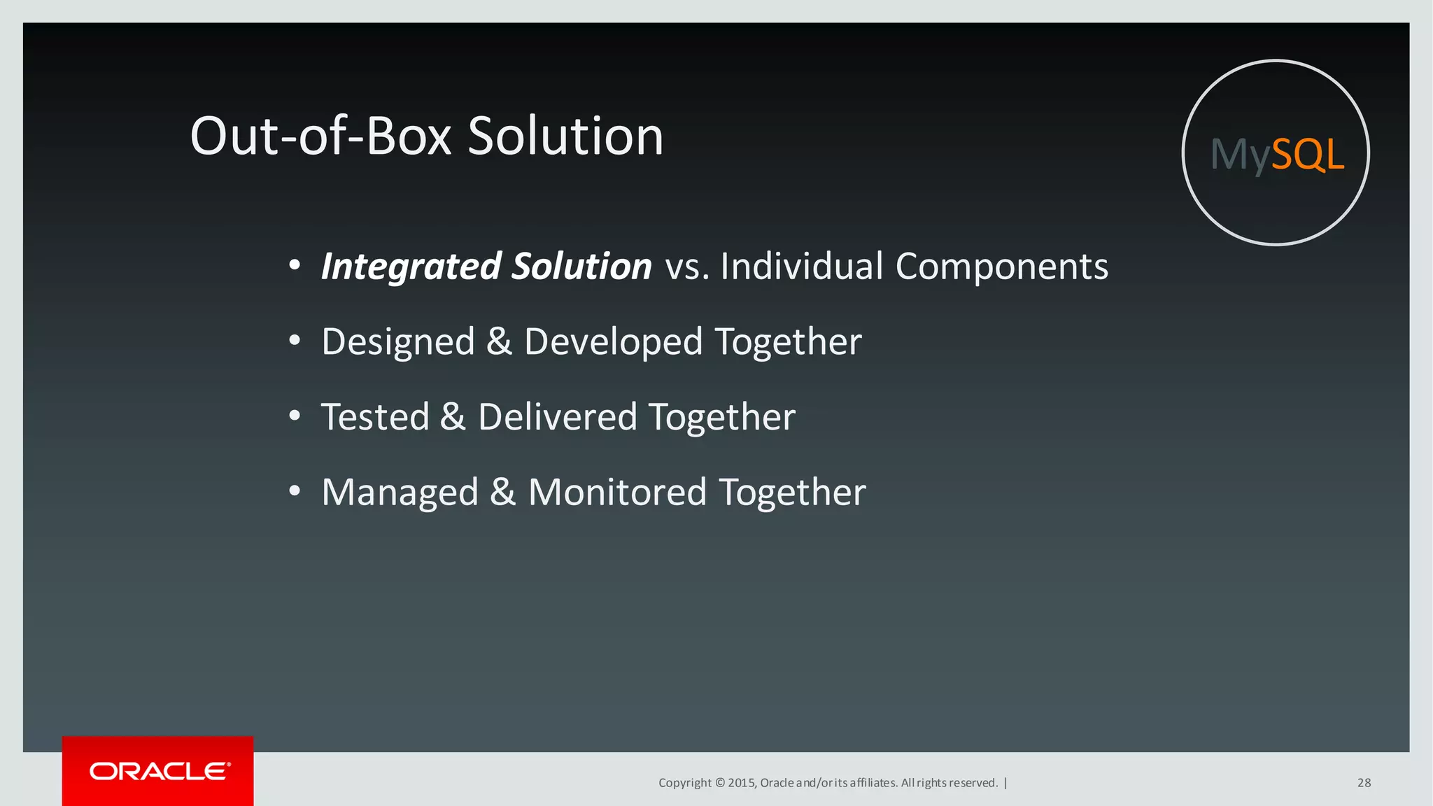 Copyright © 2015, Oracleand/orits affiliates. Allrights reserved. | 28
Out-of-Box Solution
• Integrated Solution vs. Individual Components
• Designed & Developed Together
• Tested & Delivered Together
• Managed & Monitored Together
MySQL
 