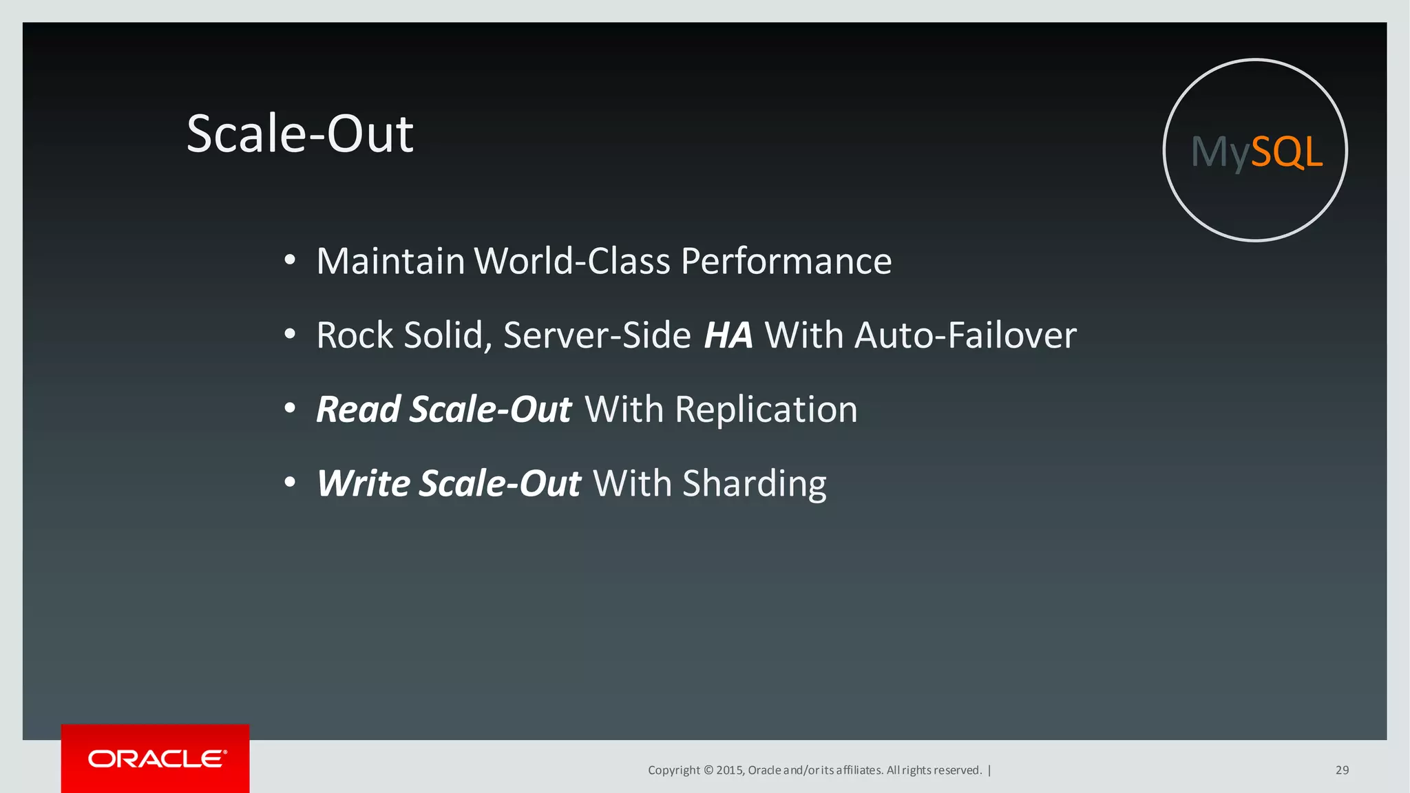 Copyright © 2015, Oracleand/orits affiliates. Allrights reserved. | 29
Scale-Out
• Maintain World-Class Performance
• Rock Solid, Server-Side HA With Auto-Failover
• Read Scale-Out With Replication
• Write Scale-Out With Sharding
MySQL
 