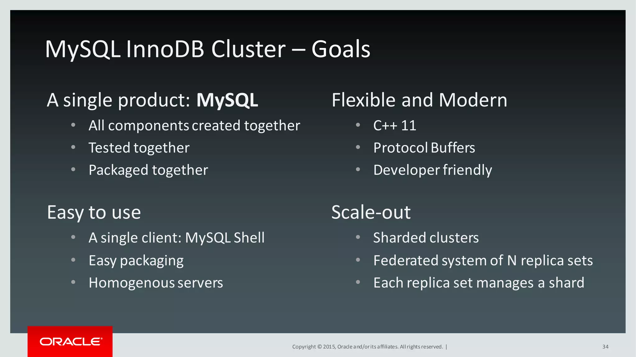 Copyright © 2015, Oracleand/orits affiliates. Allrights reserved. | 34
A single product: MySQL
• All componentscreated together
• Tested together
• Packaged together
Flexible and Modern
• C++ 11
• ProtocolBuffers
• Developer friendly
MySQL InnoDB Cluster – Goals
Easy to use
• A single client: MySQL Shell
• Easy packaging
• Homogenousservers
Scale-out
• Sharded clusters
• Federated system of N replica sets
• Each replica set manages a shard
 