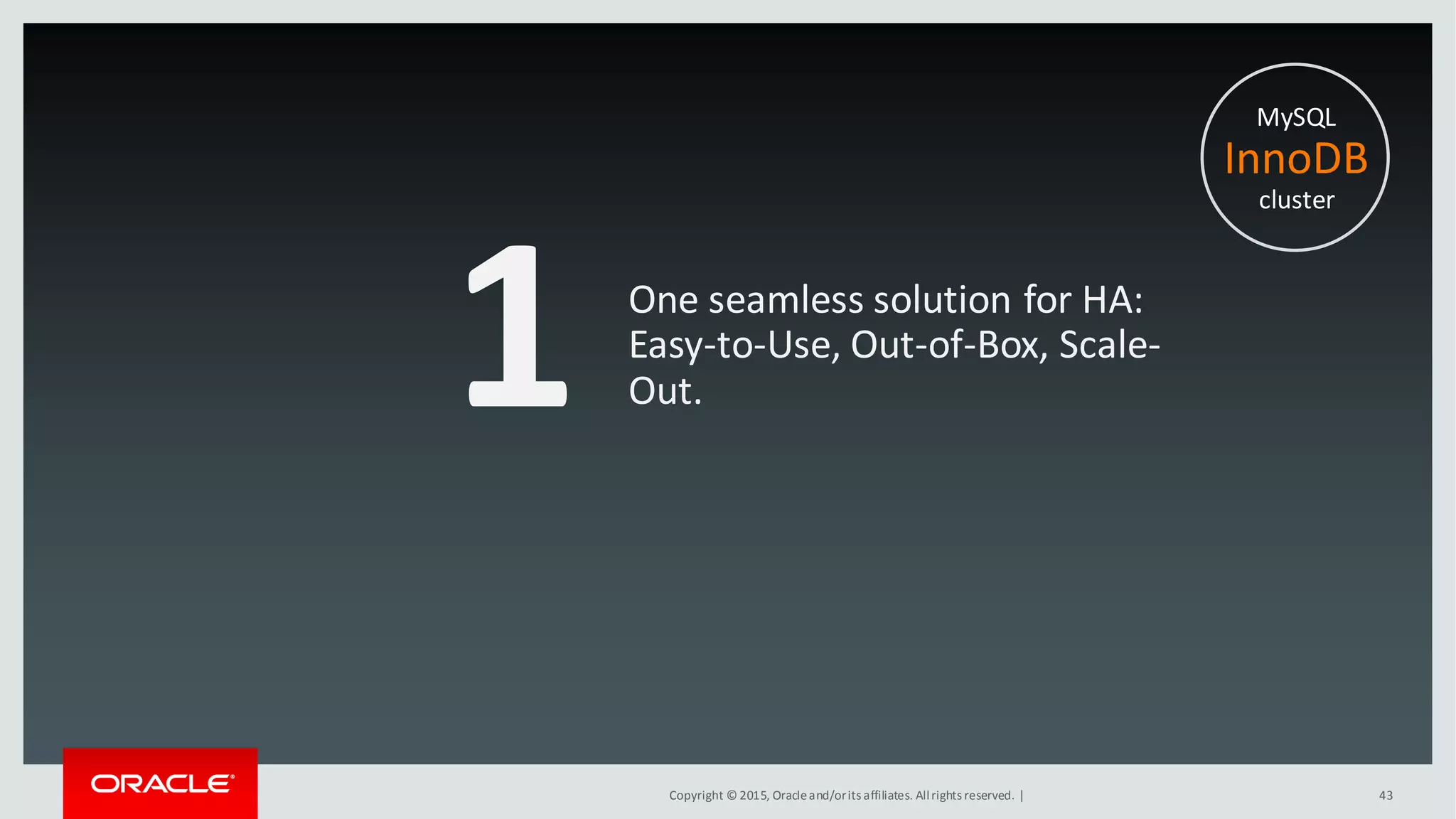 Copyright © 2015, Oracleand/orits affiliates. Allrights reserved. |
1 One seamless solution for HA:
Easy-to-Use, Out-of-Box, Scale-
Out.
43
MySQL
InnoDB
cluster
 