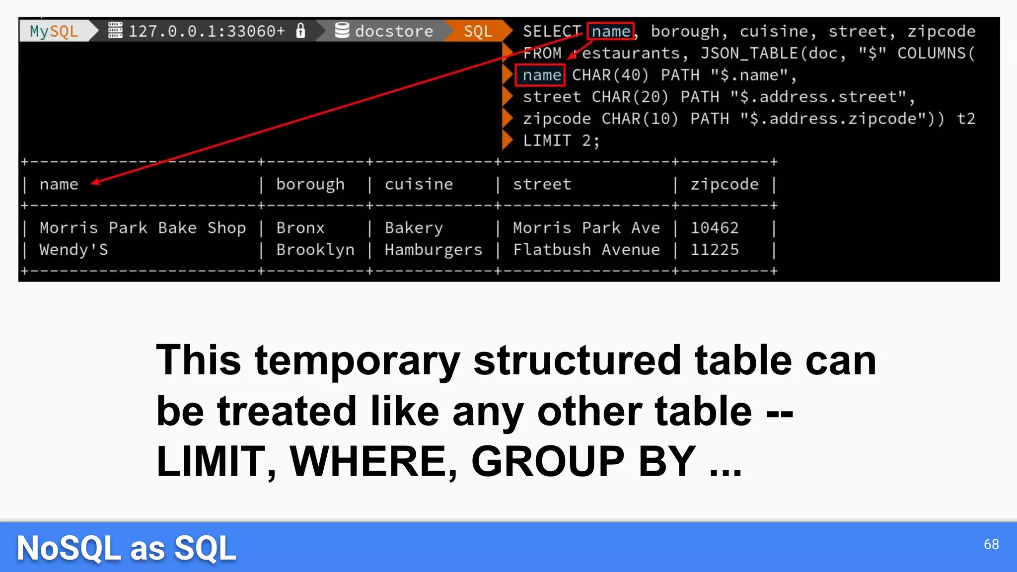 NoSQL as SQL 68 This temporary structured table can be treated like any other table -- LIMIT, WHERE, GROUP BY ... 