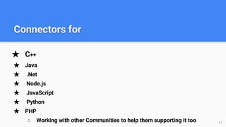 ★ C++
★ Java
★ .Net
★ Node.js
★ JavaScript
★ Python
★ PHP
○ Working with other Communities to help them supporting it too 17
Connectors for
 