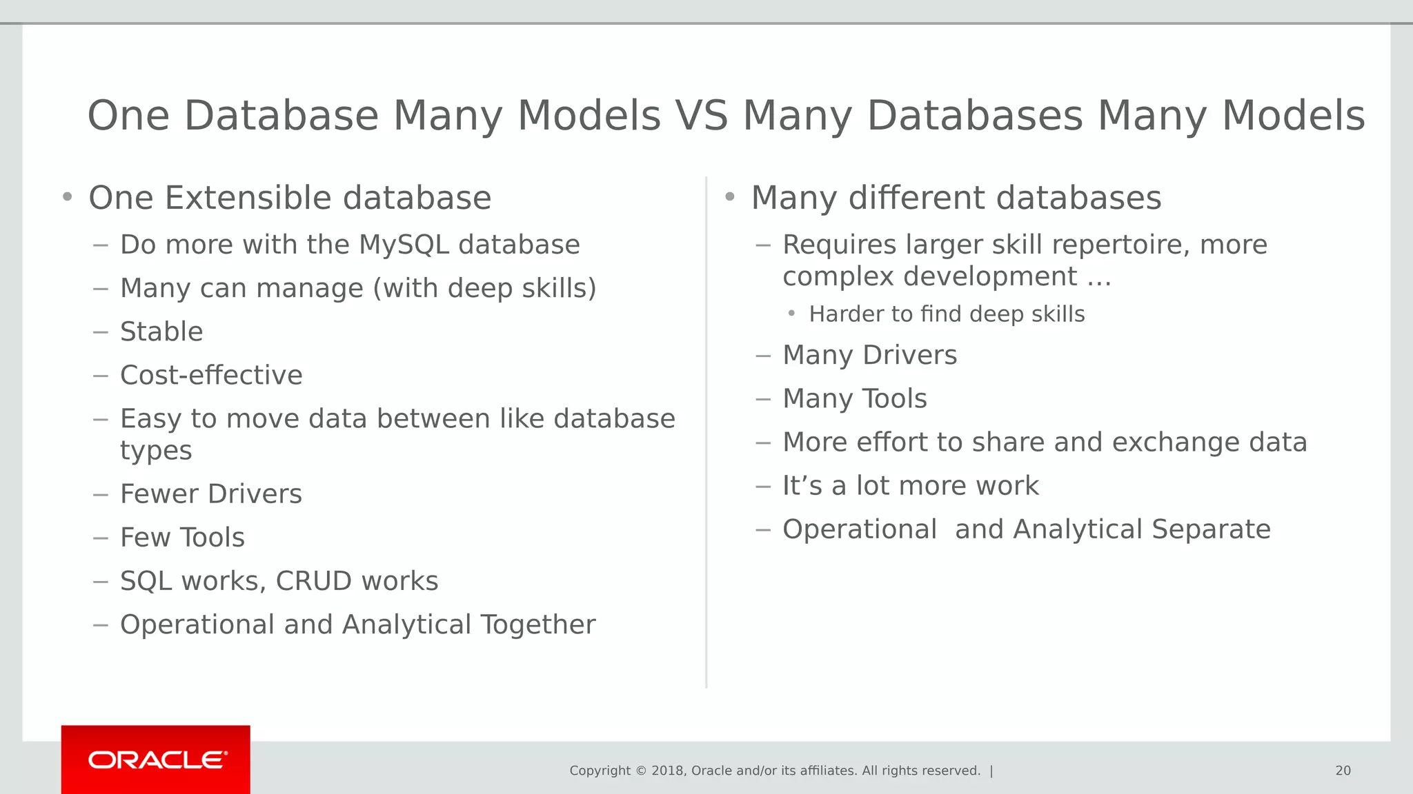 Copyright © 2018, Oracle and/or its affiliates. All rights reserved. |
• One Extensible database
– Do more with the MySQL database
– Many can manage (with deep skills)
– Stable
– Cost-effective
– Easy to move data between like database
types
– Fewer Drivers
– Few Tools
– SQL works, CRUD works
– Operational and Analytical Together
• Many different databases
– Requires larger skill repertoire, more
complex development …
• Harder to find deep skills
– Many Drivers
– Many Tools
– More effort to share and exchange data
– It’s a lot more work
– Operational and Analytical Separate
One Database Many Models VS Many Databases Many Models
20
 
