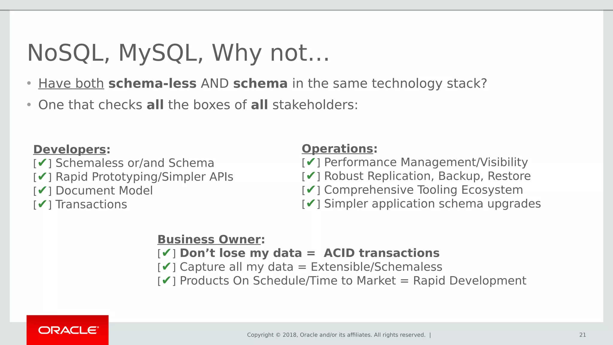 Copyright © 2018, Oracle and/or its affiliates. All rights reserved. |
NoSQL, MySQL, Why not…
• Have both schema-less AND schema in the same technology stack?
• One that checks all the boxes of all stakeholders:
21
Developers:
[✔] Schemaless or/and Schema
[✔] Rapid Prototyping/Simpler APIs
[✔] Document Model
[✔] Transactions
Operations:
[✔] Performance Management/Visibility
[✔] Robust Replication, Backup, Restore
[✔] Comprehensive Tooling Ecosystem
[✔] Simpler application schema upgrades
Business Owner:
[✔] Don’t lose my data = ACID transactions
[✔] Capture all my data = Extensible/Schemaless
[✔] Products On Schedule/Time to Market = Rapid Development
 