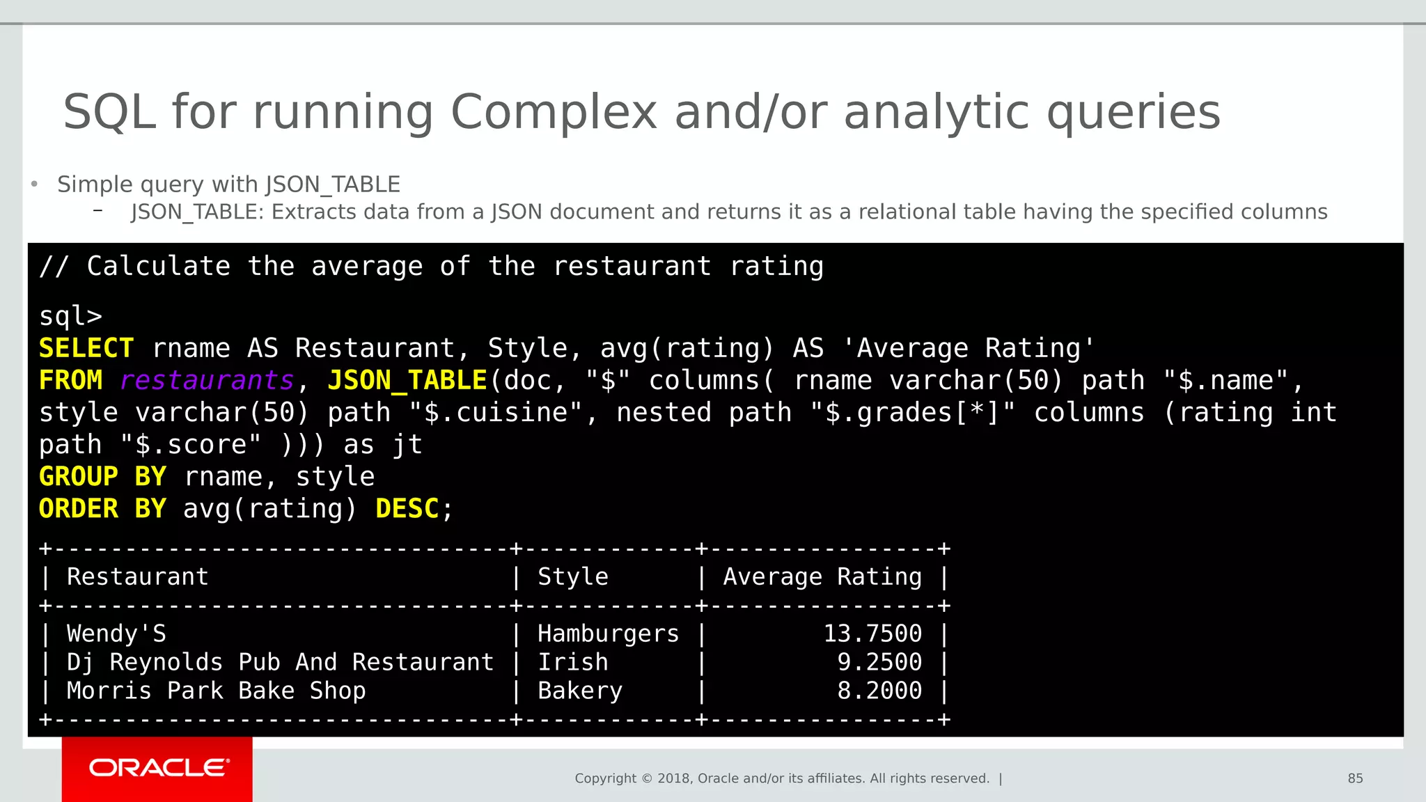 Copyright © 2018, Oracle and/or its affiliates. All rights reserved. | 85
// Calculate the average of the restaurant rating
sql>
SELECT rname AS Restaurant, Style, avg(rating) AS 'Average Rating'
FROM restaurants, JSON_TABLE(doc, "$" columns( rname varchar(50) path "$.name",
style varchar(50) path "$.cuisine", nested path "$.grades[*]" columns (rating int
path "$.score" ))) as jt
GROUP BY rname, style
ORDER BY avg(rating) DESC;
+--------------------------------+------------+----------------+
| Restaurant | Style | Average Rating |
+--------------------------------+------------+----------------+
| Wendy'S | Hamburgers | 13.7500 |
| Dj Reynolds Pub And Restaurant | Irish | 9.2500 |
| Morris Park Bake Shop | Bakery | 8.2000 |
+--------------------------------+------------+----------------+
SQL for running Complex and/or analytic queries
• Simple query with JSON_TABLE
– JSON_TABLE: Extracts data from a JSON document and returns it as a relational table having the specified columns
 