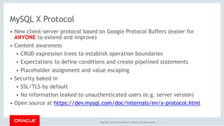 Copyright © 2018, Oracle and/or its affiliates. All rights reserved. |
MySQL X Protocol
• New client-server protocol based on Google Protocol Buffers (easier for
ANYONE to extend and improve)
• Content awareness
• CRUD expression trees to establish operation boundaries
• Expectations to define conditions and create pipelined statements
• Placeholder assignment and value escaping
• Security baked in
• SSL/TLS by default
• No information leaked to unauthenticated users (e.g. server version)
• Open source at https://dev.mysql.com/doc/internals/en/x-protocol.html
 