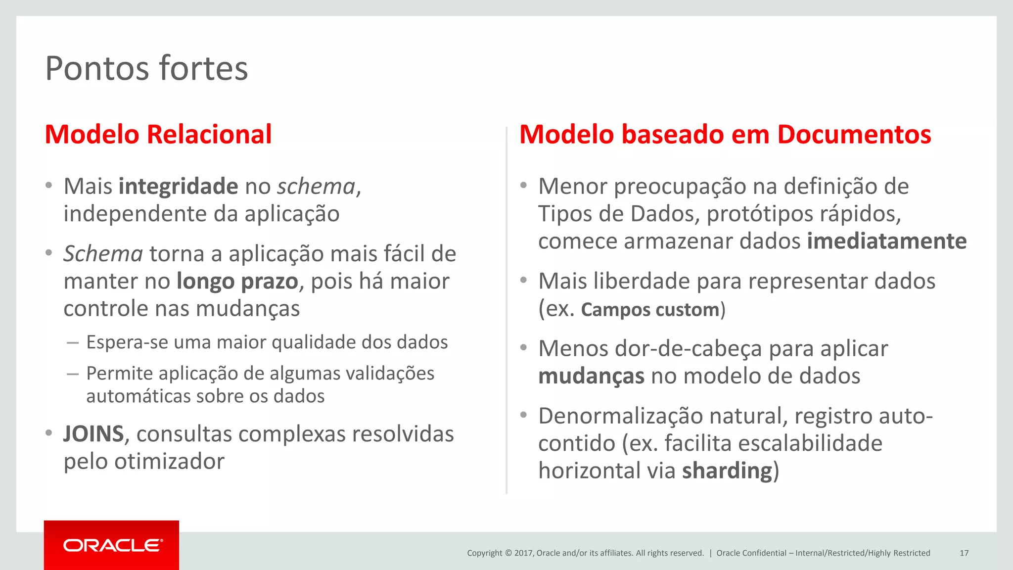 Copyright © 2017, Oracle and/or its affiliates. All rights reserved. | Modelo Relacional • Mais integridade no schema, independente da aplicação • Schema torna a aplicação mais fácil de manter no longo prazo, pois há maior controle nas mudanças – Espera-se uma maior qualidade dos dados – Permite aplicação de algumas validações automáticas sobre os dados • JOINS, consultas complexas resolvidas pelo otimizador Modelo baseado em Documentos • Menor preocupação na definição de Tipos de Dados, protótipos rápidos, comece armazenar dados imediatamente • Mais liberdade para representar dados (ex. Campos custom) • Menos dor-de-cabeça para aplicar mudanças no modelo de dados • Denormalização natural, registro auto- contido (ex. facilita escalabilidade horizontal via sharding) Oracle Confidential – Internal/Restricted/Highly Restricted 17 Pontos fortes 