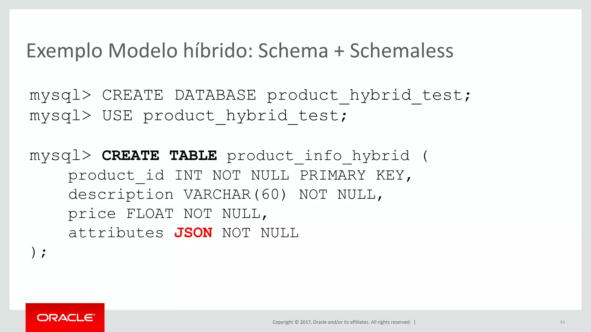 Copyright © 2017, Oracle and/or its affiliates. All rights reserved. | Exemplo Modelo híbrido: Schema + Schemaless 44 mysql> CREATE DATABASE product_hybrid_test; mysql> USE product_hybrid_test; mysql> CREATE TABLE product_info_hybrid ( product_id INT NOT NULL PRIMARY KEY, description VARCHAR(60) NOT NULL, price FLOAT NOT NULL, attributes JSON NOT NULL ); 