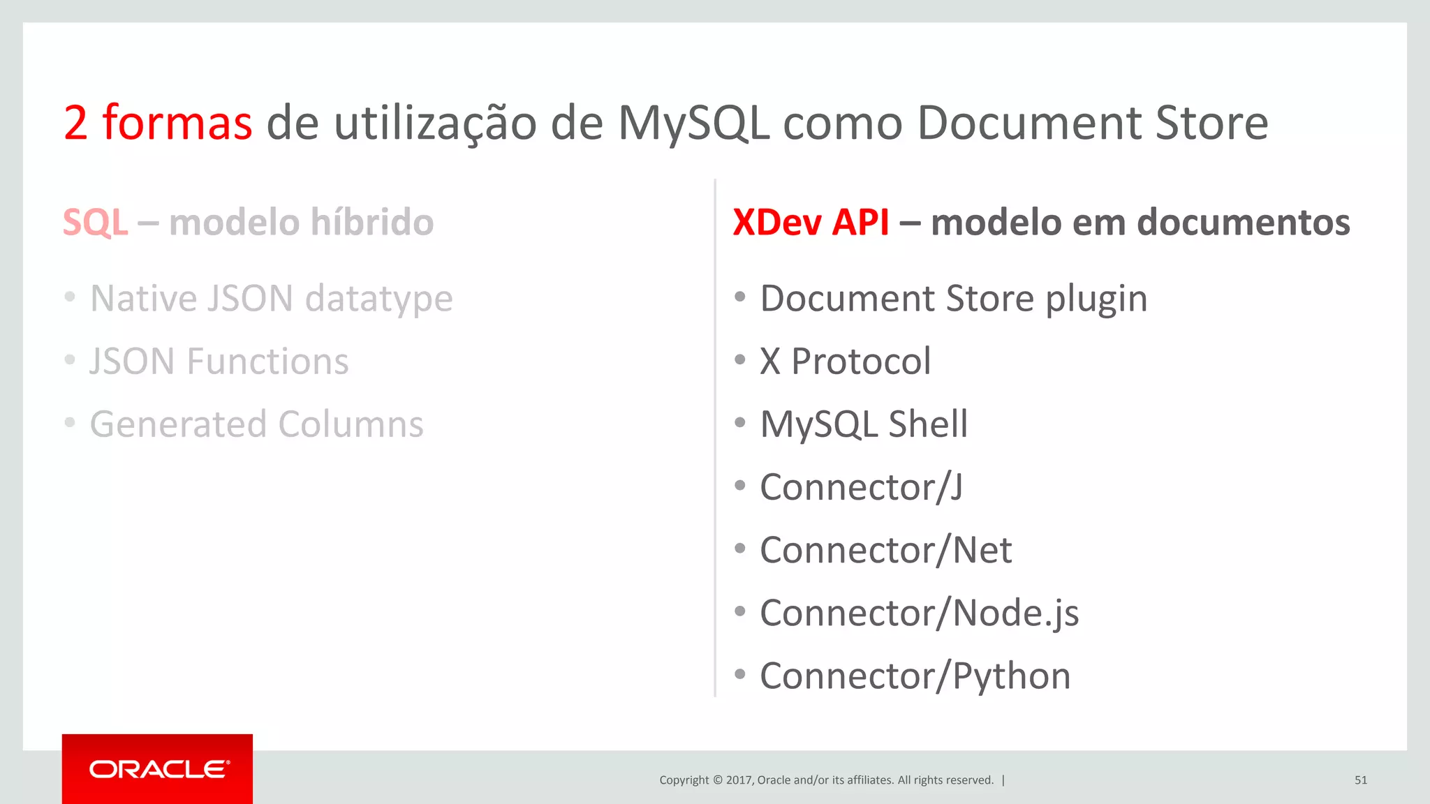 Copyright © 2017, Oracle and/or its affiliates. All rights reserved. | SQL – modelo híbrido • Native JSON datatype • JSON Functions • Generated Columns XDev API – modelo em documentos • Document Store plugin • X Protocol • MySQL Shell • Connector/J • Connector/Net • Connector/Node.js • Connector/Python 51 2 formas de utilização de MySQL como Document Store 