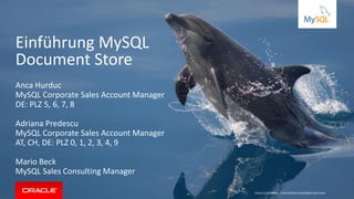 Copyright © 2016, Oracle and/or its affiliates. All rights reserved. |
MySQL as a Document Store
Mario Beck
MySQL Sales Consulting Manager EMEA
mario.beck@oracle.com
 