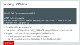 Copyright © 2016, Oracle and/or its affiliates. All rights reserved. | 15
Collections are tables
Tables with:
- JSON column
- Generated Column
Create a Collection
 