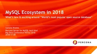 © 2018 Percona1
Laurynas Biveinis
MySQL Ecosystem in 2018
What’s new & exciting around “World’s most popular open source database”
Percona Server for MySQL tech lead
Big Data Conference Vilnius 2018
2018-11-28
 