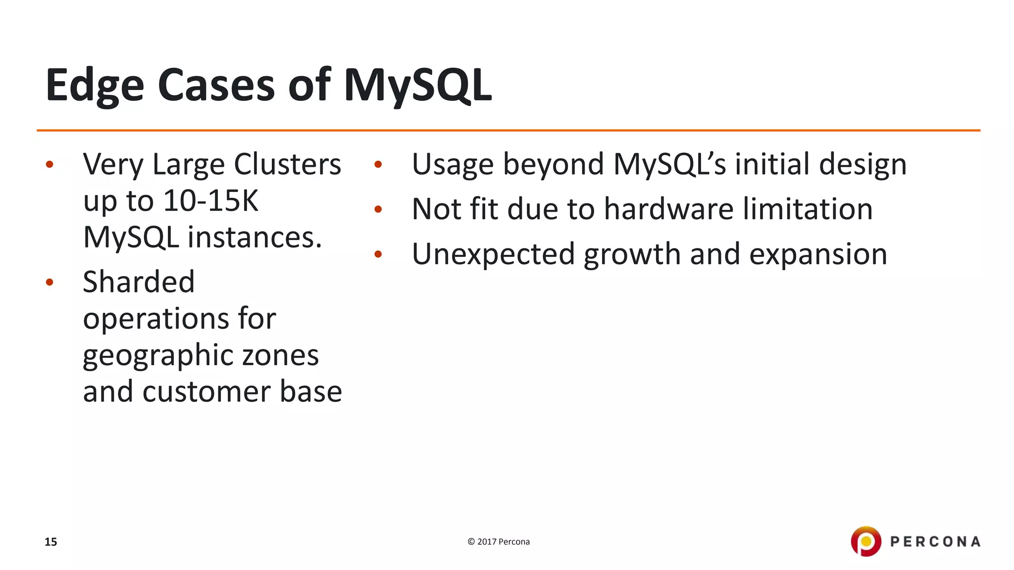 © 2017 Percona15
Edge Cases of MySQL
• Very Large Clusters
up to 10-15K
MySQL instances.
• Sharded
operations for
geographic zones
and customer base
• Usage beyond MySQL’s initial design
• Not fit due to hardware limitation
• Unexpected growth and expansion
 