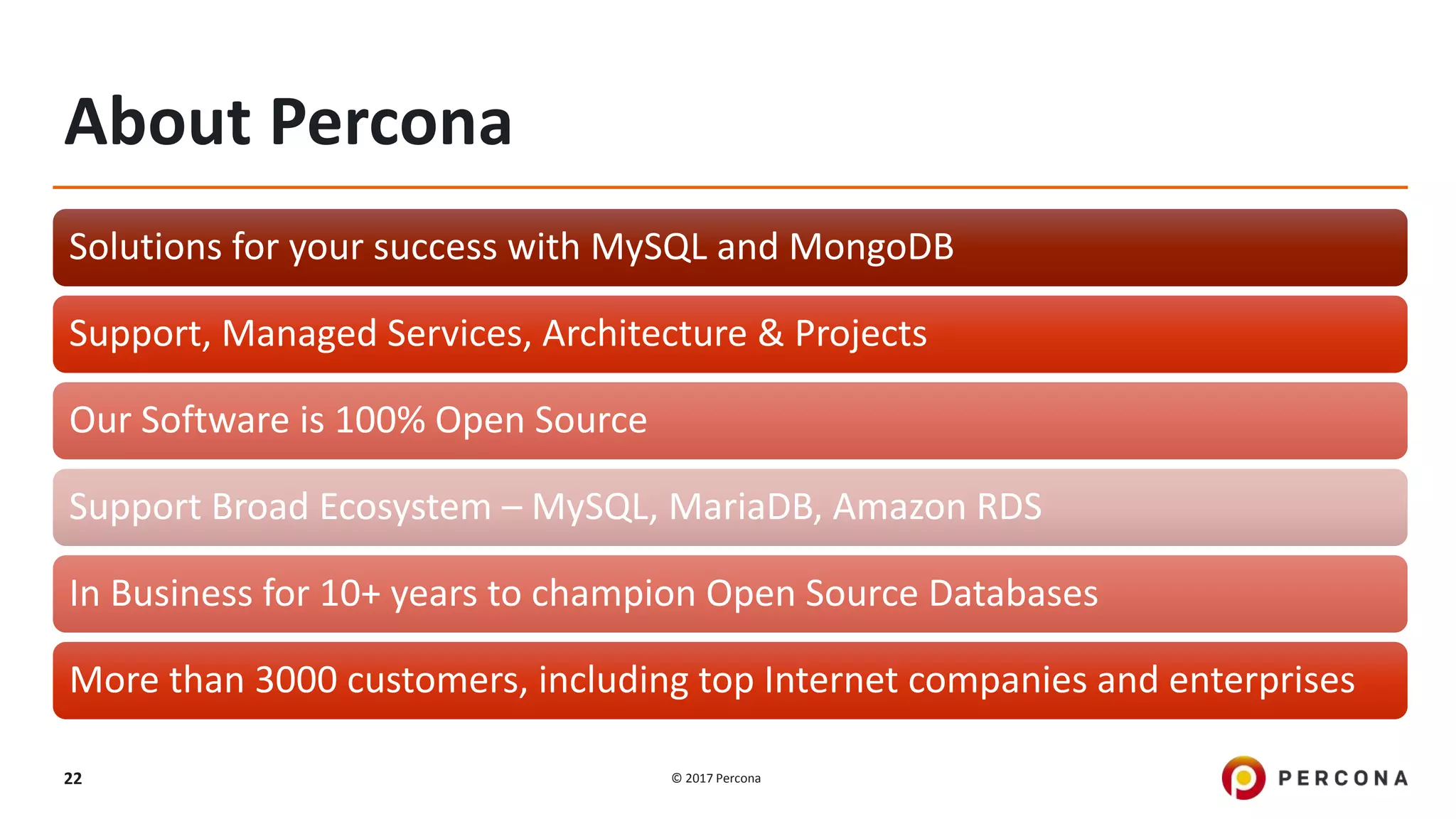 © 2017 Percona22
About Percona
Solutions for your success with MySQL and MongoDB
Support, Managed Services, Architecture & Projects
Our Software is 100% Open Source
Support Broad Ecosystem – MySQL, MariaDB, Amazon RDS
In Business for 10+ years to champion Open Source Databases
More than 3000 customers, including top Internet companies and enterprises
 