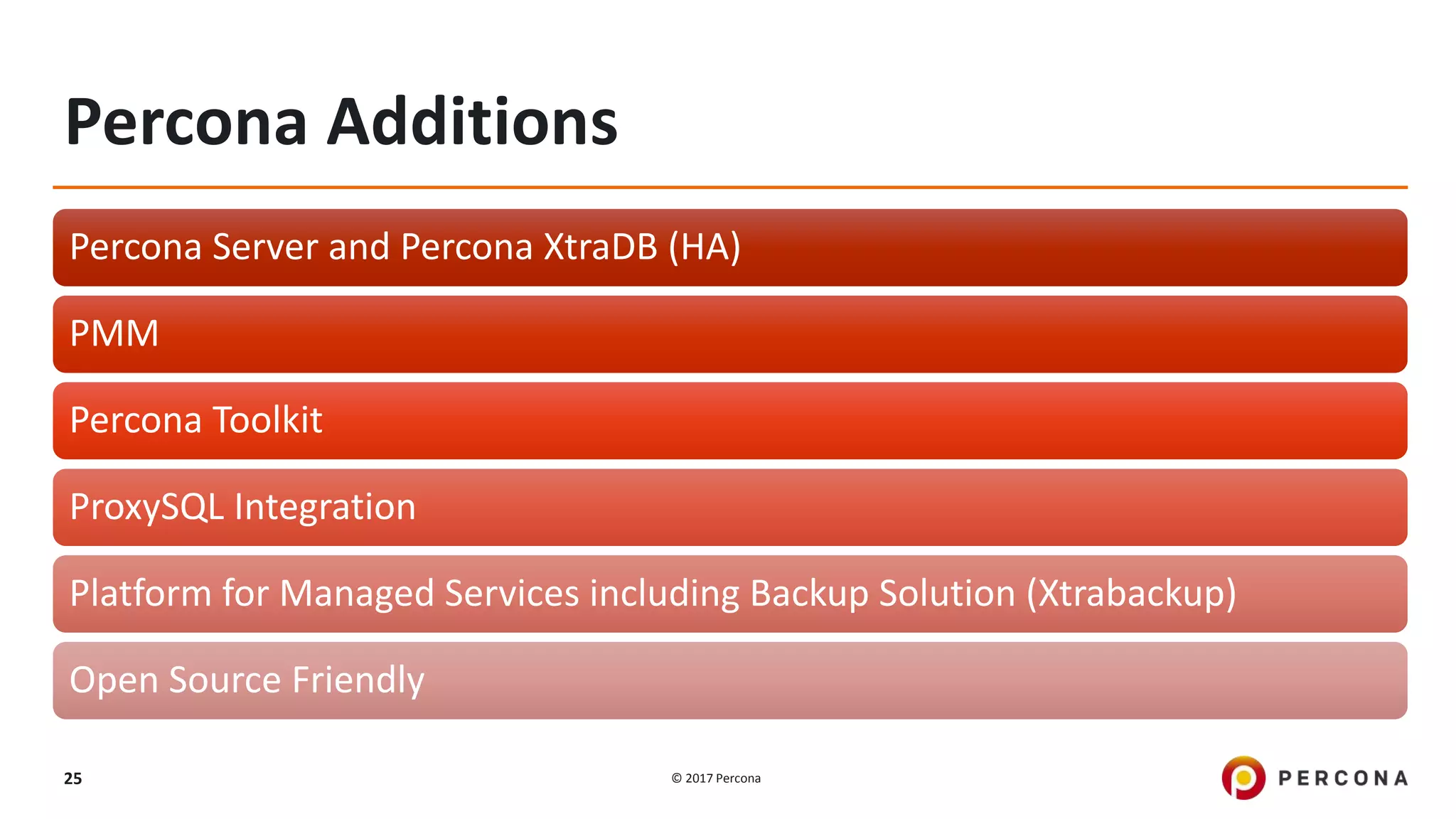 © 2017 Percona25
Percona Additions
Percona Server and Percona XtraDB (HA)
PMM
Percona Toolkit
ProxySQL Integration
Platform for Managed Services including Backup Solution (Xtrabackup)
Open Source Friendly
 