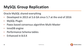 © 2019 Percona30
MySQL Group Replication
Oracle MySQL shared-everything
• Developed in 2013 at 5.6 GA since 5.7 at the end of 2016
• MySQL Plugin
• Paxos based consensus algorithm Multi-Master
• InnoDB engine
• Performance Schema tables
• Enhanced in 8.0.X
 