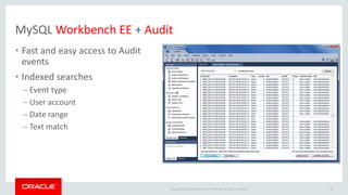 Copyright © 2014 Oracle and/or its affiliates. All rights reserved. |
MySQL Workbench EE + Audit
• Fast and easy access to Audit
events
• Indexed searches
– Event type
– User account
– Date range
– Text match
28
 