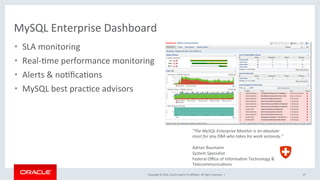 Copyright	©	2016,	Oracle	and/or	its	aﬃliates.	All	rights	reserved.		|	
MySQL	Enterprise	Dashboard	
27	
"The	MySQL	Enterprise	Monitor	is	an	absolute	
must	for	any	DBA	who	takes	his	work	seriously.”	
	
Adrian	Baumann	
System	Specialist	
Federal	Oﬃce	of	InformaMon	Technology	&		
TelecommunicaMons	
•  SLA	monitoring	
•  Real-Mme	performance	monitoring	
•  Alerts	&	noMﬁcaMons	
•  MySQL	best	pracMce	advisors	
 