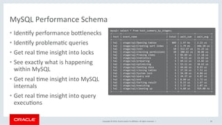 Copyright	©	2016,	Oracle	and/or	its	aﬃliates.	All	rights	reserved.		|	
MySQL	Performance	Schema	
•  IdenMfy	performance	boZlenecks	
•  IdenMfy	problemaMc	queries		
•  Get	real	Mme	insight	into	locks	
•  See	exactly	what	is	happening	
within	MySQL		
•  Get	real	Mme	insight	into	MySQL	
internals		
•  Get	real	Mme	insight	into	query	
execuMons	
29	
mysql>	select	*	from	host_summary_by_stages;	
+------+--------------------------------+-------+-----------+-----------+	
|	host	|	event_name																					|	total	|	wait_sum		|	wait_avg		|		
+------+--------------------------------+-------+-----------+-----------+	
|	hal		|	stage/sql/Opening	tables							|			889	|	1.97	ms			|	2.22	us			|		
|	hal		|	stage/sql/Creating	sort	index		|					4	|	1.79	ms			|	446.30	us	|		
|	hal		|	stage/sql/init																	|				10	|	312.27	us	|	31.23	us		|		
|	hal		|	stage/sql/checking	permissions	|				10	|	300.62	us	|	30.06	us		|		
|	hal		|	stage/sql/freeing	items								|					5	|	85.89	us		|	17.18	us		|		
|	hal		|	stage/sql/statistics											|					5	|	79.15	us		|	15.83	us		|		
|	hal		|	stage/sql/preparing												|					5	|	69.12	us		|	13.82	us		|		
|	hal		|	stage/sql/optimizing											|					5	|	53.11	us		|	10.62	us		|		
|	hal		|	stage/sql/Sending	data									|					5	|	44.66	us		|	8.93	us			|		
|	hal		|	stage/sql/closing	tables							|					5	|	37.54	us		|	7.51	us			|		
|	hal		|	stage/sql/System	lock										|					5	|	34.28	us		|	6.86	us			|		
|	hal		|	stage/sql/query	end												|					5	|	24.37	us		|	4.87	us			|		
|	hal		|	stage/sql/end																		|					5	|	8.60	us			|	1.72	us			|		
|	hal		|	stage/sql/Sorting	result							|					5	|	8.33	us			|	1.67	us			|		
|	hal		|	stage/sql/executing												|					5	|	5.37	us			|	1.07	us			|		
|	hal		|	stage/sql/cleaning	up										|					5	|	4.60	us			|	919.00	ns	|		
+------+--------------------------------+-------+-----------+-----------+	
 