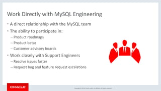 Copyright	©	2016,	Oracle	and/or	its	aﬃliates.	All	rights	reserved.		|	
Work	Directly	with	MySQL	Engineering		
•  A	direct	relaMonship	with	the	MySQL	team	
•  The	ability	to	parMcipate	in:	
– Product	roadmaps	
– Product	betas	
– Customer	advisory	boards	
•  Work	closely	with	Support	Engineers	
– Resolve	issues	faster	
– Request	bug	and	feature	request	escalaMons	
	
 