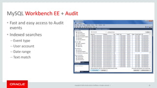 Copyright © 2019, Oracle and/or its affiliates. All rights reserved. |
MySQL Workbench EE + Audit
• Fast and easy access to Audit
events
• Indexed searches
– Event type
– User account
– Date range
– Text match
20
 