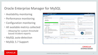 Copyright © 2019, Oracle and/or its affiliates. All rights reserved. |
Oracle Enterprise Manager for MySQL
Performance
Security
Availability
• Availability monitoring
• Performance monitoring
• Configuration monitoring
• All available metrics collected
– Allowing for custom threshold
based incident reports
• MySQL auto-detection
• MySQL 5.7 Support
9
 