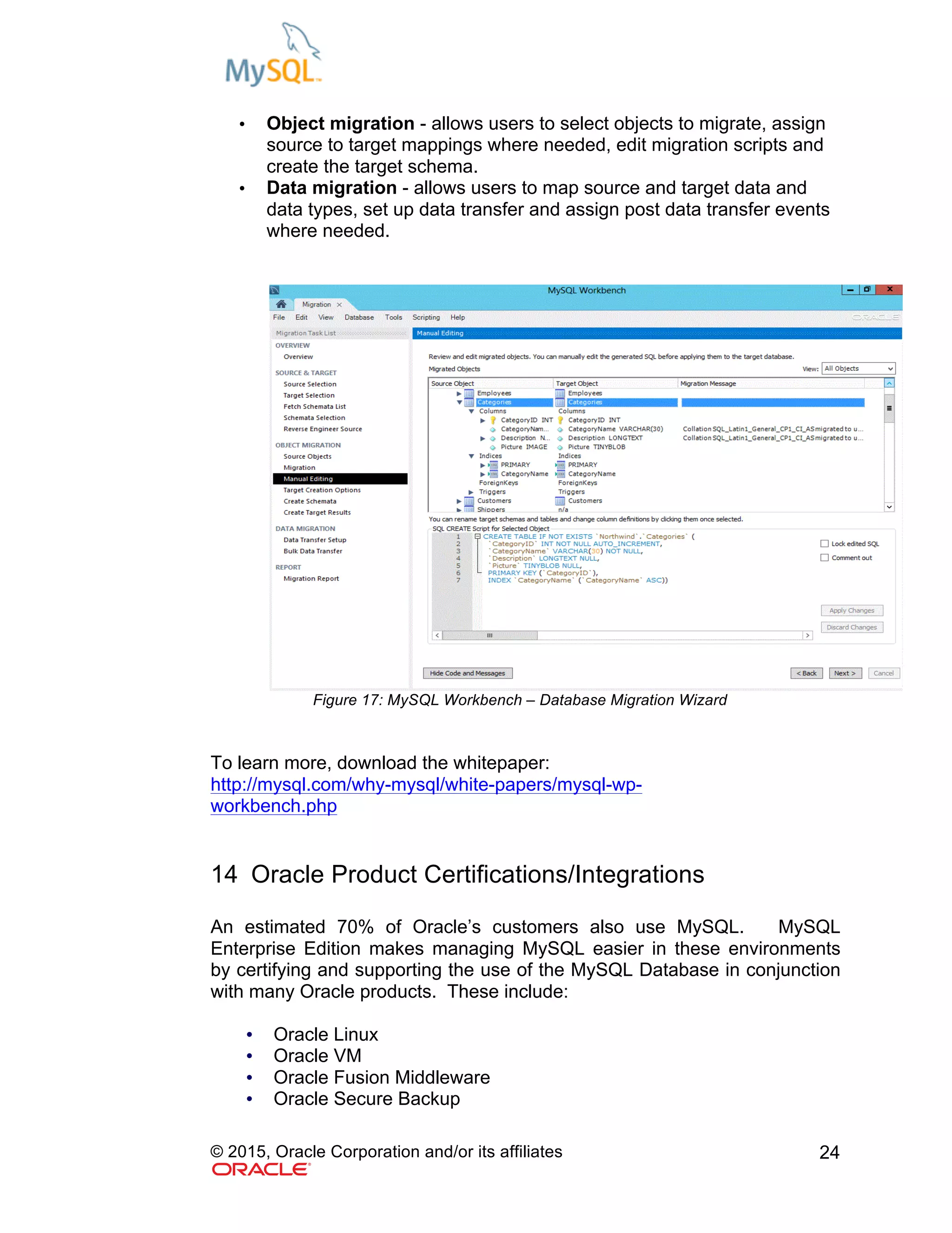 © 2015, Oracle Corporation and/or its affiliates 24
• Object migration - allows users to select objects to migrate, assign
source to target mappings where needed, edit migration scripts and
create the target schema.
• Data migration - allows users to map source and target data and
data types, set up data transfer and assign post data transfer events
where needed.
Figure 17: MySQL Workbench – Database Migration Wizard
To learn more, download the whitepaper:
http://mysql.com/why-mysql/white-papers/mysql-wp-
workbench.php
14 Oracle Product Certifications/Integrations
An estimated 70% of Oracle’s customers also use MySQL. MySQL
Enterprise Edition makes managing MySQL easier in these environments
by certifying and supporting the use of the MySQL Database in conjunction
with many Oracle products. These include:
• Oracle Linux
• Oracle VM
• Oracle Fusion Middleware
• Oracle Secure Backup
 