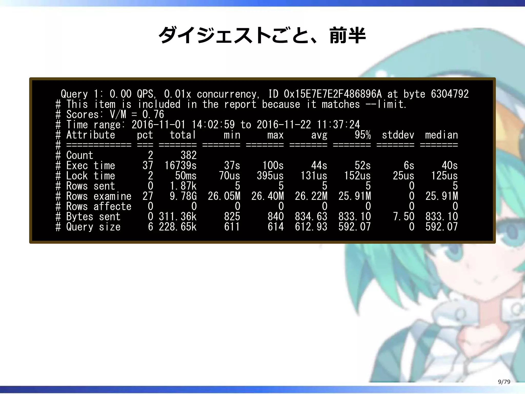 ダイジェストごと、前半
Query 1: 0.00 QPS, 0.01x concurrency, ID 0x15E7E7E2F486896A at byte 6304792
# This item is included in the report because it matches --limit.
# Scores: V/M = 0.76
# Time range: 2016-11-01 14:02:59 to 2016-11-22 11:37:24
# Attribute pct total min max avg 95% stddev median
# ============ === ======= ======= ======= ======= ======= ======= =======
# Count 2 382
# Exec time 37 16739s 37s 100s 44s 52s 6s 40s
# Lock time 2 50ms 70us 395us 131us 152us 25us 125us
# Rows sent 0 1.87k 5 5 5 5 0 5
# Rows examine 27 9.78G 26.05M 26.40M 26.22M 25.91M 0 25.91M
# Rows affecte 0 0 0 0 0 0 0 0
# Bytes sent 0 311.36k 825 840 834.63 833.10 7.50 833.10
# Query size 6 228.65k 611 614 612.93 592.07 0 592.07
9/79
 