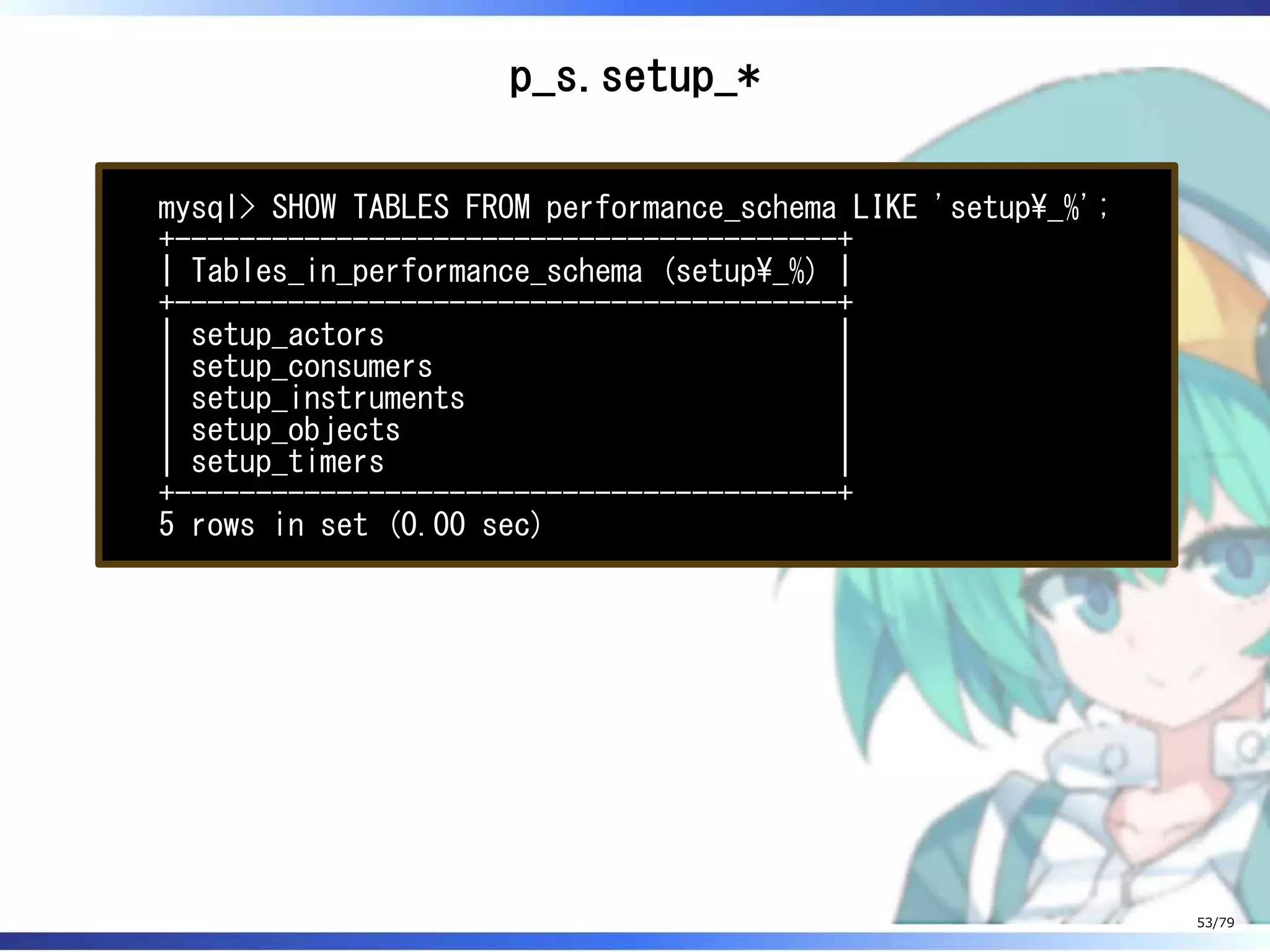 p_s.setup_*
mysql> SHOW TABLES FROM performance_schema LIKE 'setup_%';
+-----------------------------------------+
| Tables_in_performance_schema (setup_%) |
+-----------------------------------------+
| setup_actors |
| setup_consumers |
| setup_instruments |
| setup_objects |
| setup_timers |
+-----------------------------------------+
5 rows in set (0.00 sec)
53/79
 